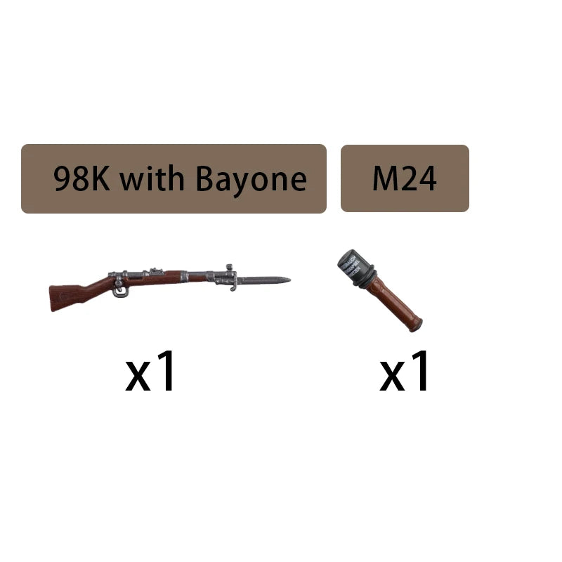 WW2 Military Accessories Wood Grain Guns Building Blocks Germany Soviet British Soldier Weapon Parts Rifle 98k Mini Bricks Toys