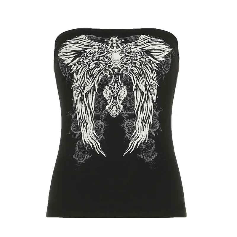 Gothic Print Black Strapless Tube Top Women Skinny Cropped Summer Casual Chic Graphic Tee Y2K Streetwear Basic Vest