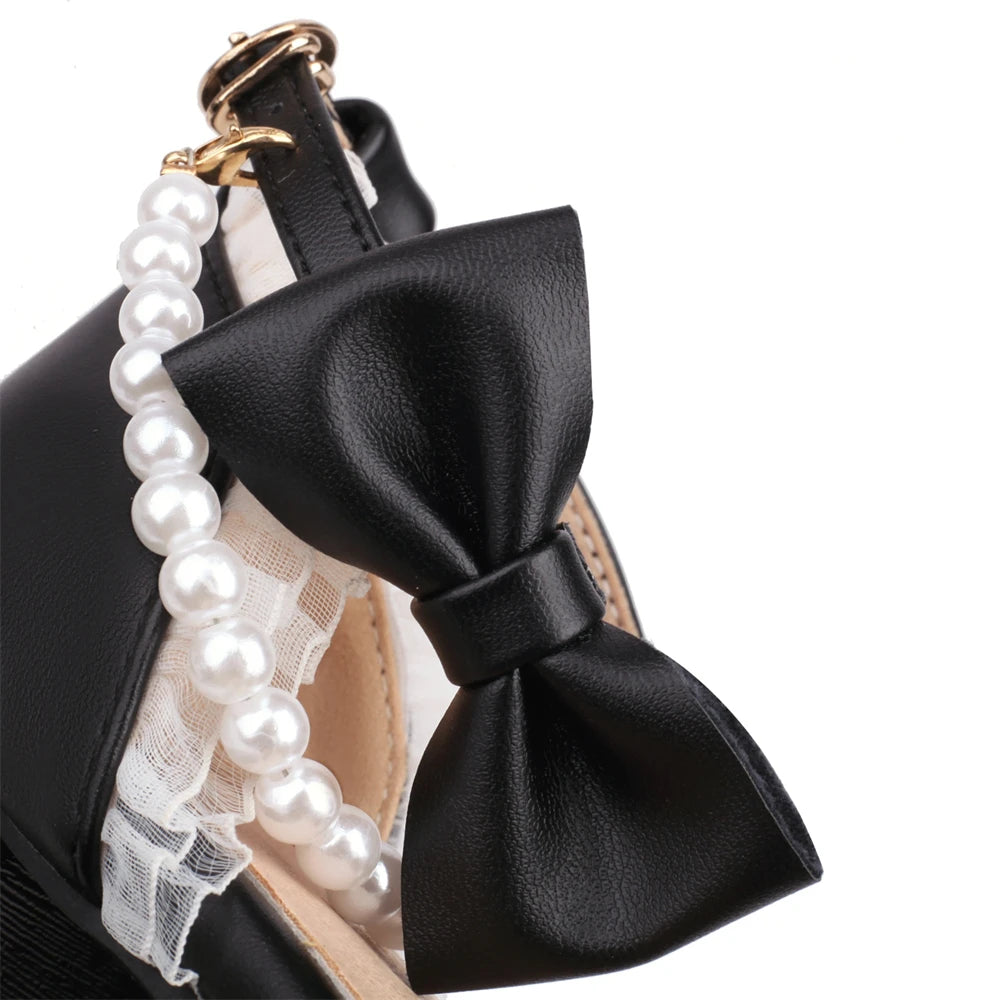 Spring Pearl Ankle Strap Women High Heels Mary Jane Pumps Party Wedding Cosplay White Pink Bow Princess High-heeled Lolita Shoes