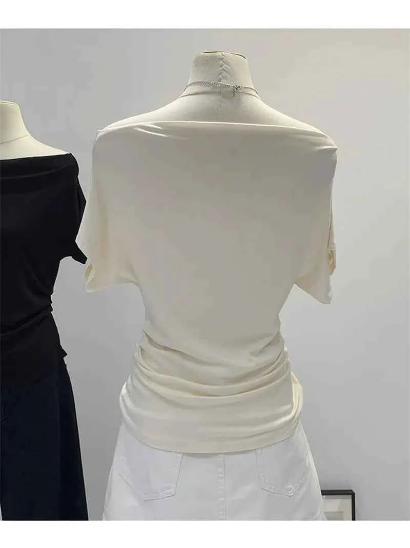 Summer One Shoulder Black Women's T-shirt Short Sleeve Korean Style Slimming Top Exposed Shoulder Fashionable