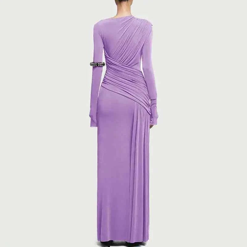 QMQA Fashion Women's Asymmetric Pleated Elegant Dress Solid Color Long Sleeve High Waist Slimming Party Dresses 2025 New QM519