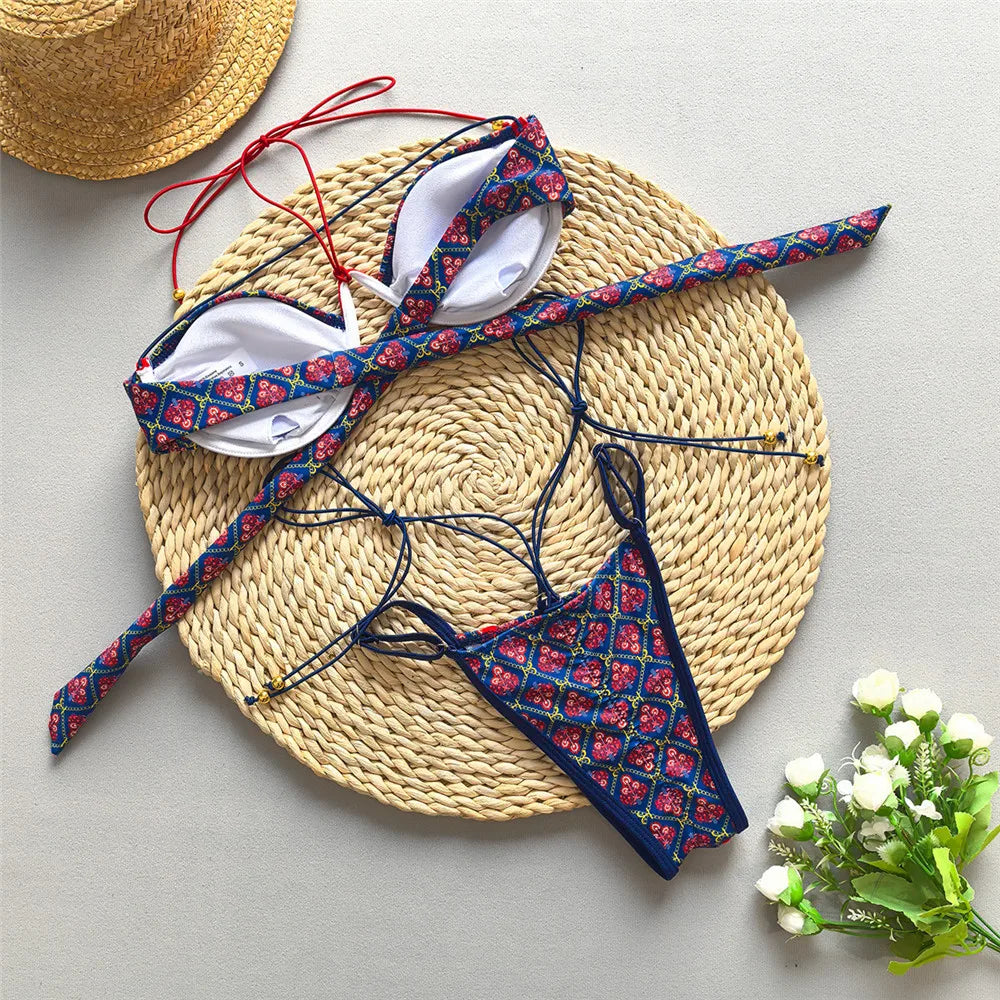 Blue Vintage Print String Thong Micro Bikini Push Up 2026 Sexy Swimsuit Women Back Knotted Swimwear Bathing Suit Bikinis Sets
