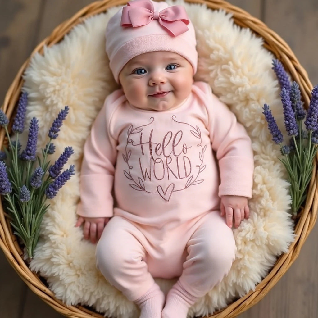 Ylsteed "Hello World" Embroidery Newborn Photography Props Infant Romper Jumpsuit with Bow Hat Baby Coming Home Outfit Baby Gift