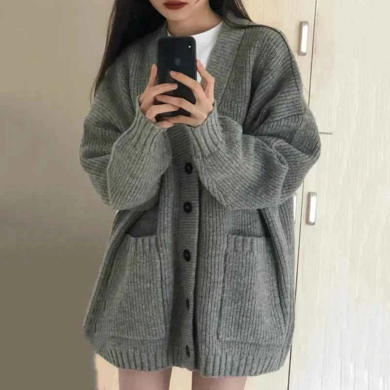 Korean version V-collar lazy wind cardigan Japanese department simple sweater female spring and autumn winter casual loose knit
