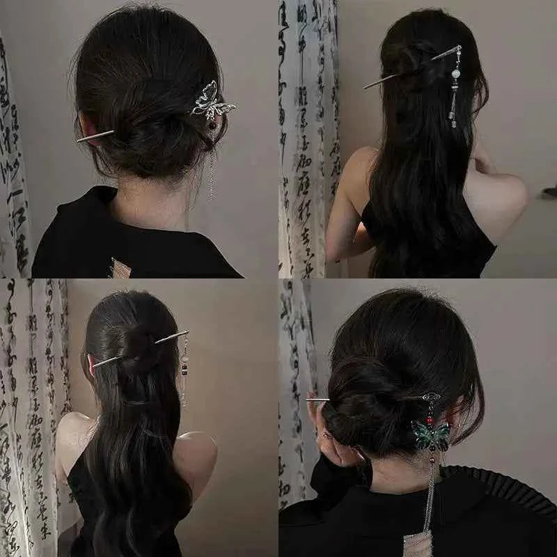 2026 New Chinese Style Butterfly Flower Tassel Hair Stick for Women Vintage Metal Hanfu Chopstick Hair Sticks Hair Accessories