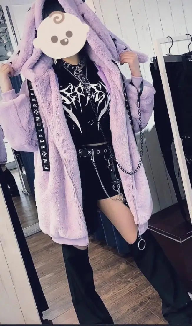 2026 New Harajuku Rabbit Ears Plush Coat Winter New Japanese Plush Coat Women Dark Punk Medium Plush Coat