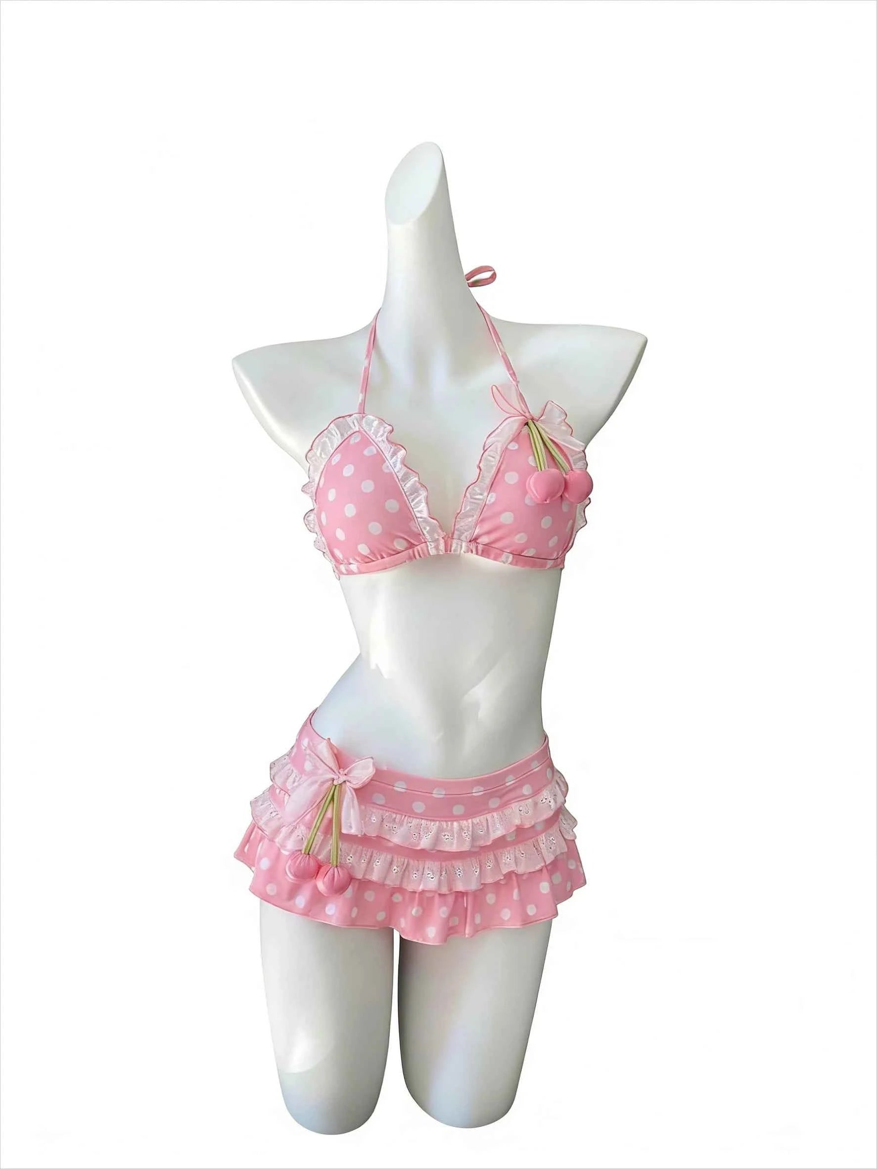 2026 Y2K Summer Sweet Pink White Dot Sets Lovely Cherry Decor Sexy Lace Trim Style Casual Bikini Swimsuit Beach Holiday Wear