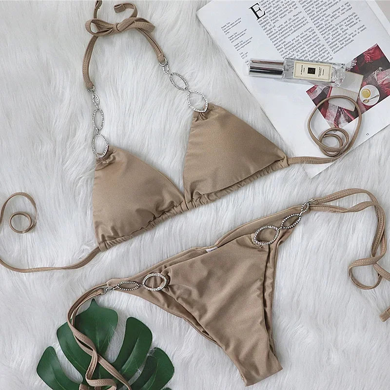 Metal Chains Rhinestones Diamond Bikini Women Swimsuit Female Swimwear Two Pieces Bikini Set Brazilian Bather Bathing Suit Swim