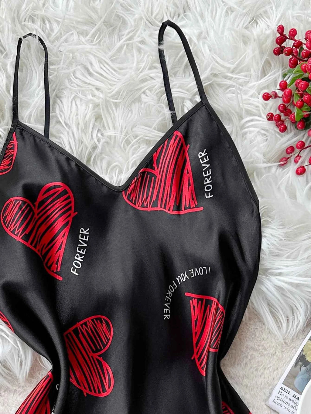 Valentine's Day Red Lip Print Satin Slip Nightdress V Neck Backless Mini Sleep Dress  Women's Sleepwear Dresses