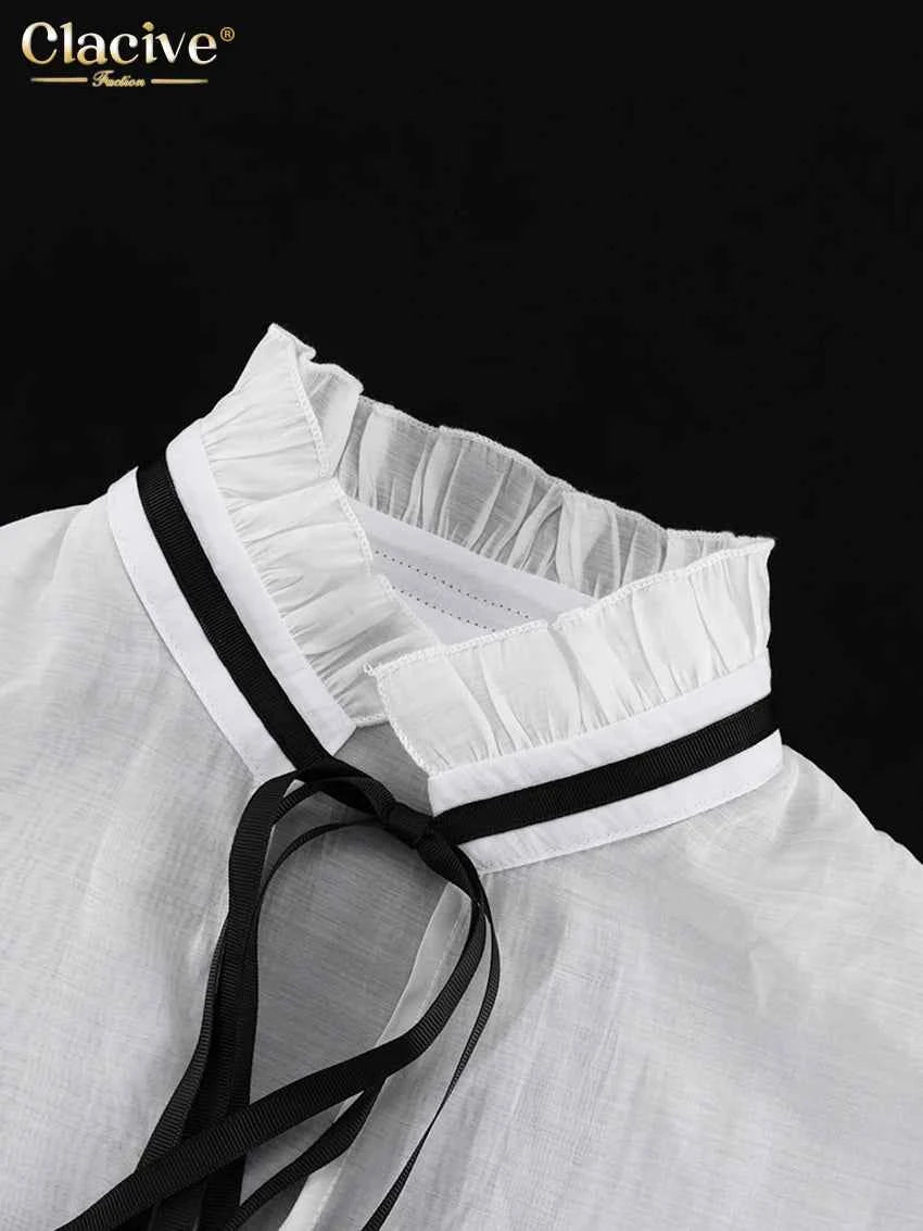Clacive Sexy Loose White Women'S Shirt 2024 Fashion Ruffle Collar Long Sleeve Blouses Elegant See Through Top Female Clothing