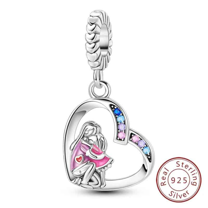 Original 925 Sterling Silver Charm Bead Mother's Day Love Heart Family Charm Bead Pendant Fits Bracelet Womens Jewelry Gifts