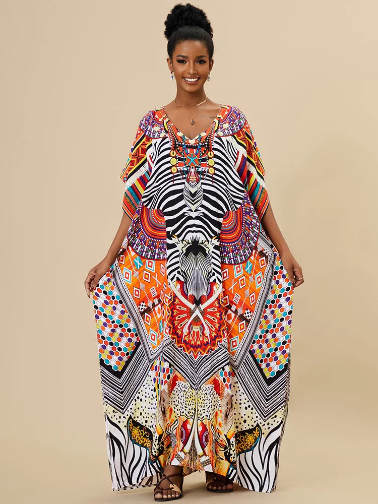 EDOLYNSA 2023 Bohemian Printed Loose Kaftan Casual Summer Vacation Maxi Dress Women Clothing Beach Wear Swim Suit Cover Up Q1469