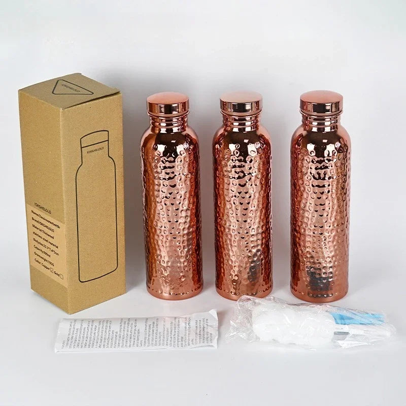 800ML Electroplated Copper Water Bottle One-Click Open Lid Anti-Slip Silicone Base Hammer Pattern Bottle Sports Bottle