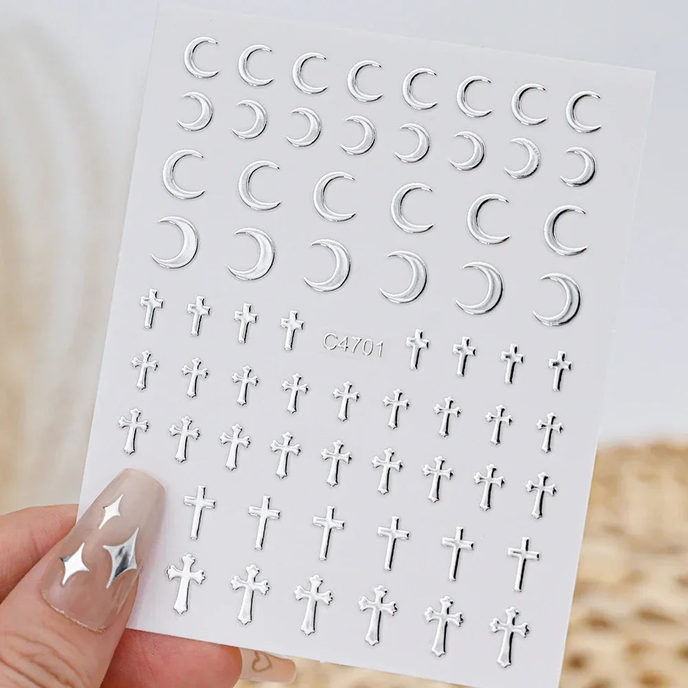 Metallic Silver 3D Star Chain Heart Nail Stickers 6 Sheets Self Adhesive Decals Professional Salon DIY Gel Nail Art Supply