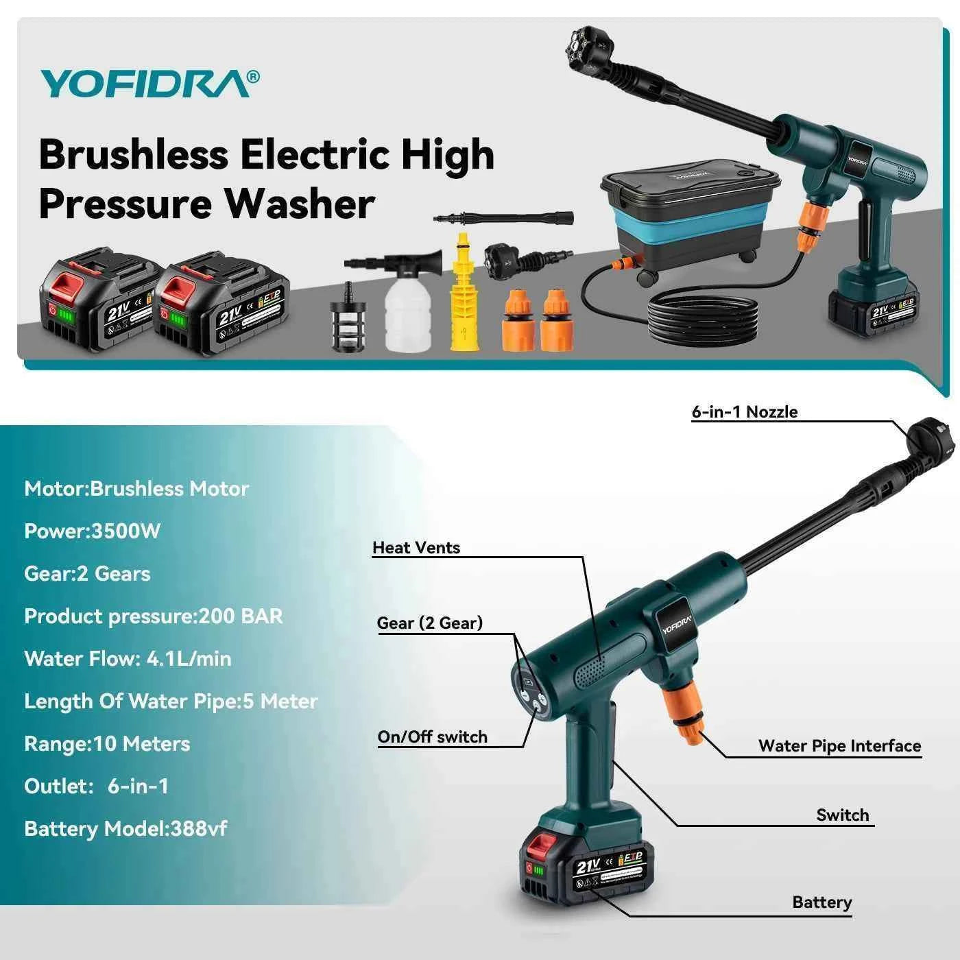 YOFIDRA 200Bar Brushless High Pressure Washer Gun Electric Car Washer Garden Watering Gun Cleaning Tools for Makita Battery Pins