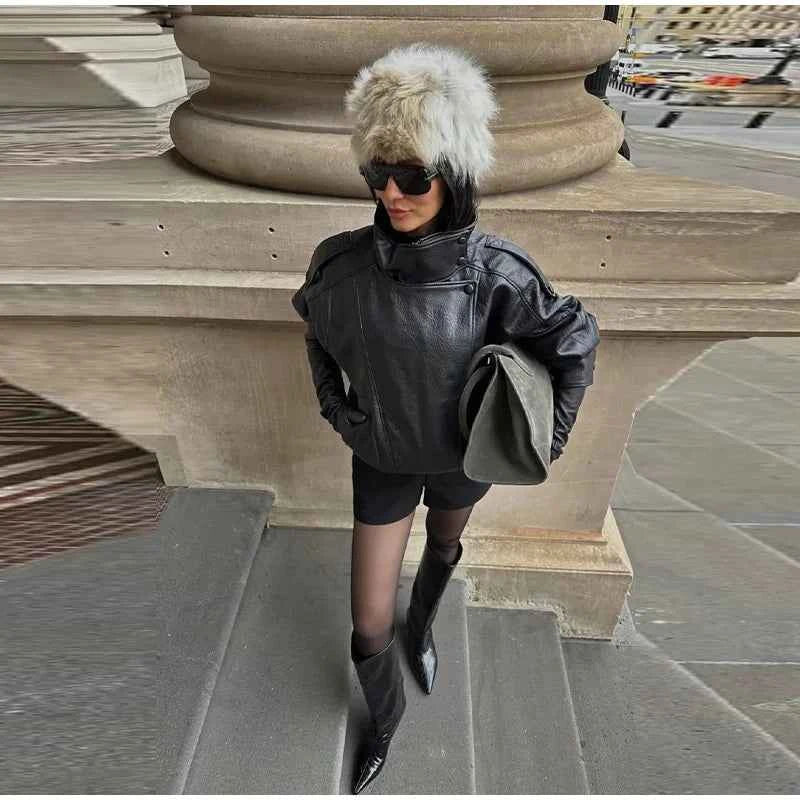 Vintage PU Leather Women's Jacket Stand Collar Zipper Button Coats Female Long Sleeve Outerwear Spring Lady Street Jackets