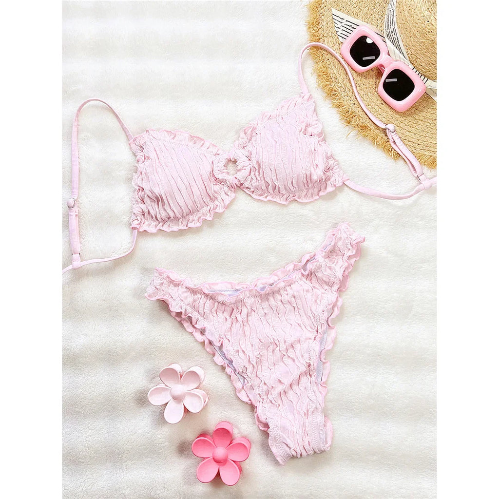 Wrinkled Crinkled Frilled Bikini Female Swimsuit Women Swimwear Two-Pieces Bikini Set Brazilian Bather Bathing Suit Swim V8053