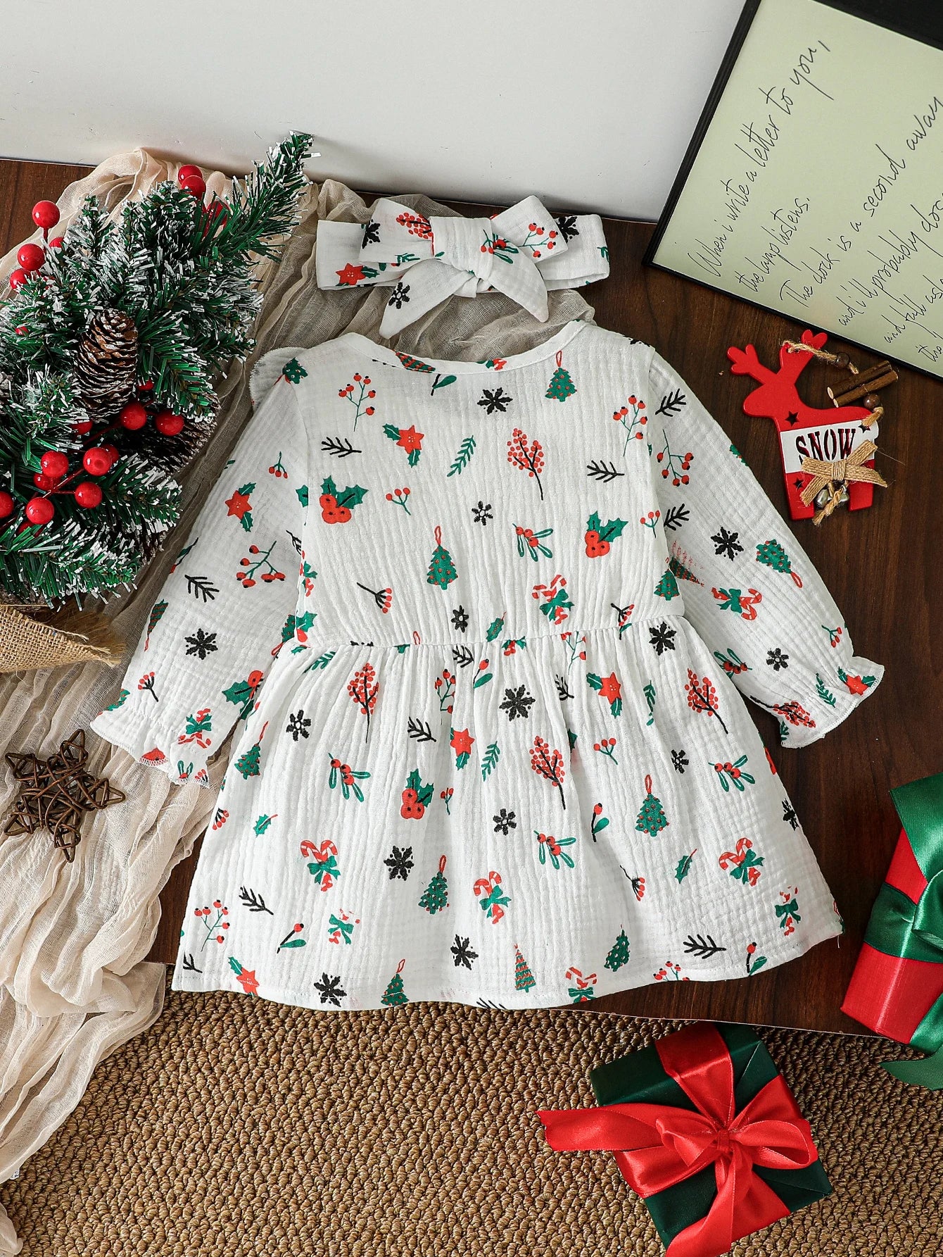 2Pcs Baby Girls Autumn Casual Dress Print Christmas Tree Pink Long Sleeve Knee Dresses With Button Cotton Soft 1-3Y +Headband