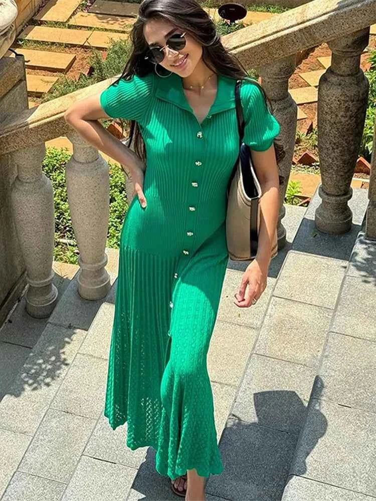 Knitted Women Long Dresses Hollow Out Short Sleeved Women Split Dress O-neck Single Breasted Female Solid Elegant Ladies Robe