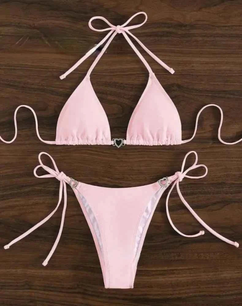 Women Solid Bikini with Crystal Heart Front and Waist Sexy Halter Swimsuit Low Waisted Swimwear Blue/White/Yellow/Rose Swimsuit