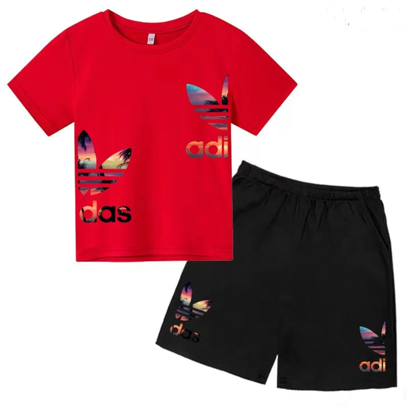 Kids T-shirt Set Colorful Letter Print Boys Girls 3-12Yrs Gift Short-sleeved+shorts 2P Round Neck Sports Casual Charming Clothes
