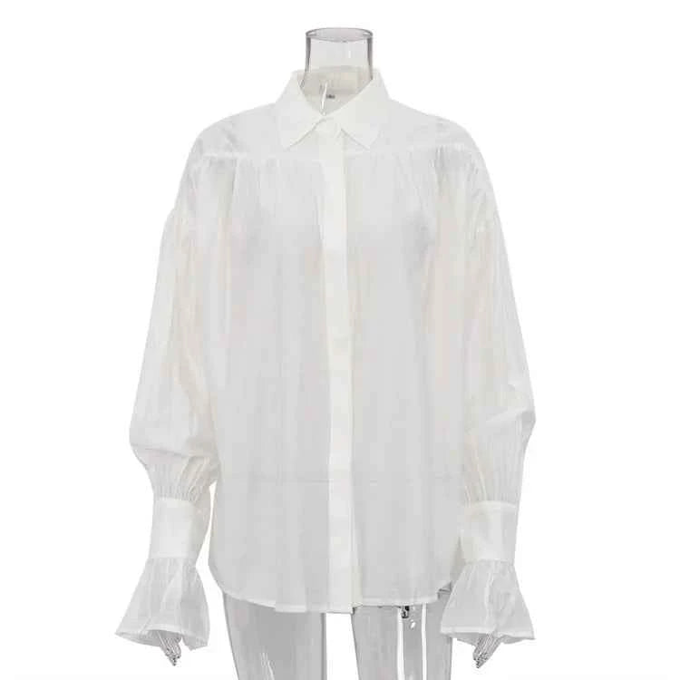 Bornladies Autumn Women's Fashionable Loose Collared Shirt Office Lady Solid Color Versatile Flare sleeve Top Long Sleeved Shirt