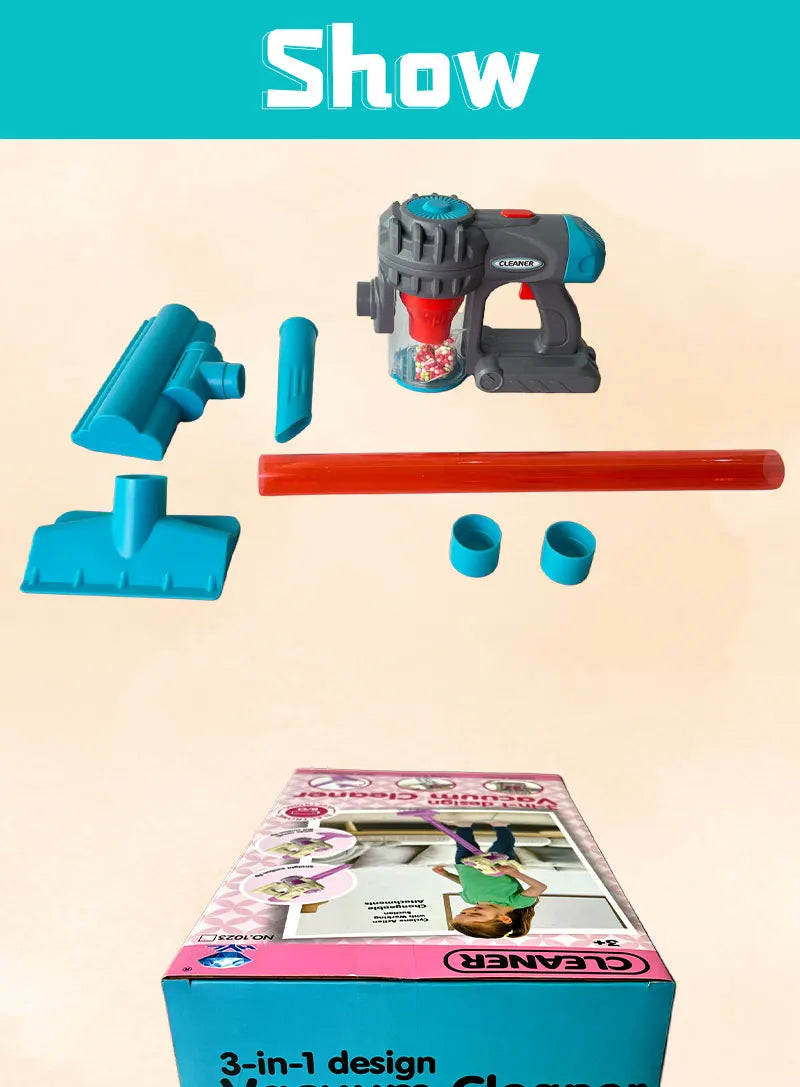 Kids 3-in-1 Toy Vacuum Cleaner – Light & Sound Stick/Handheld, Detachable Debris Bin, Cyclone Beads, 2 Attachments, Role-Play Ho