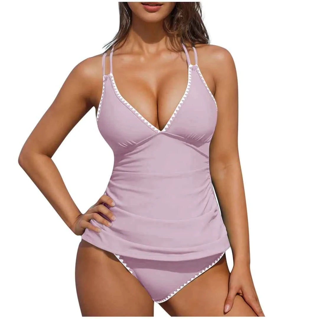 S - XXL New 10 Colors V Neck Tankini Bikini Women Swimwear Female Swimsuit Two-pieces Bikini set Bather Bathing Suit Swim K6770