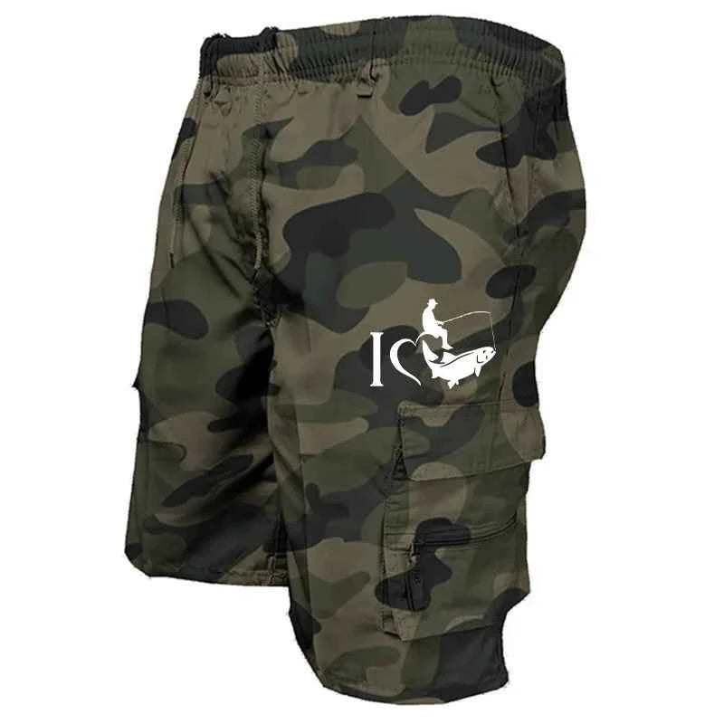 Trendy Mens Bib Shorts Casual Loose Shorts Funny I Love Fishing Printed Drawstring Pocket Shorts Summer Mens Shorts