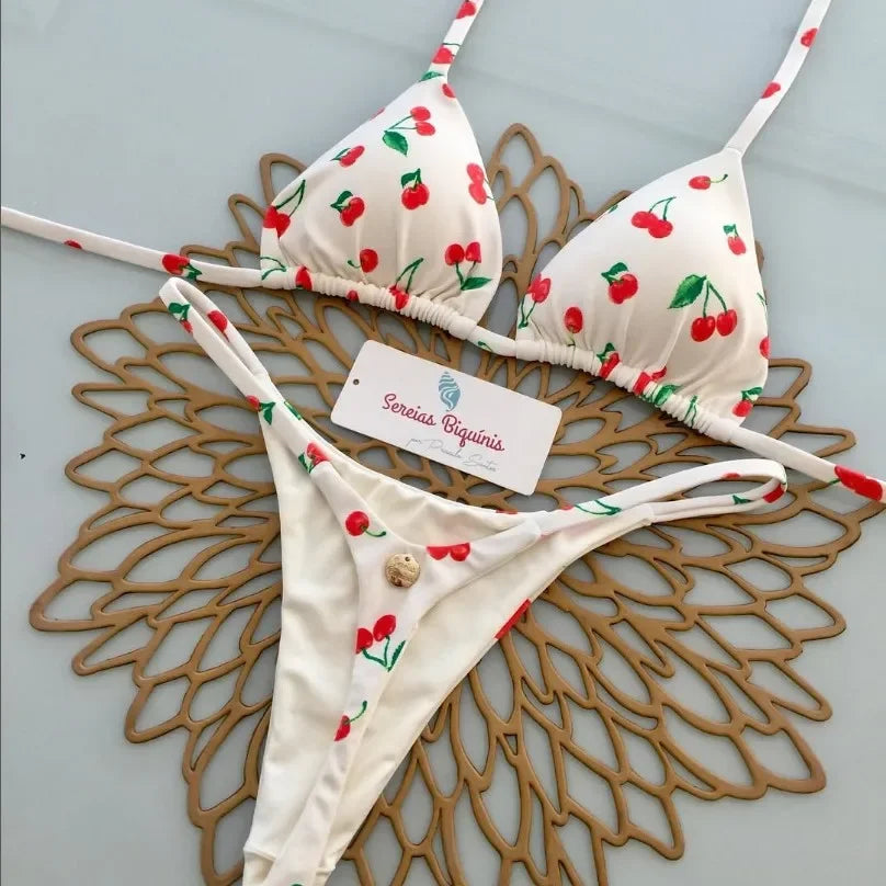 Print Sexy Bikini Sets Halter Lace-up Tops Thongs Beach Style Bathing Suit Y2k Swimsuits Women Beachwear Купальник Женский
