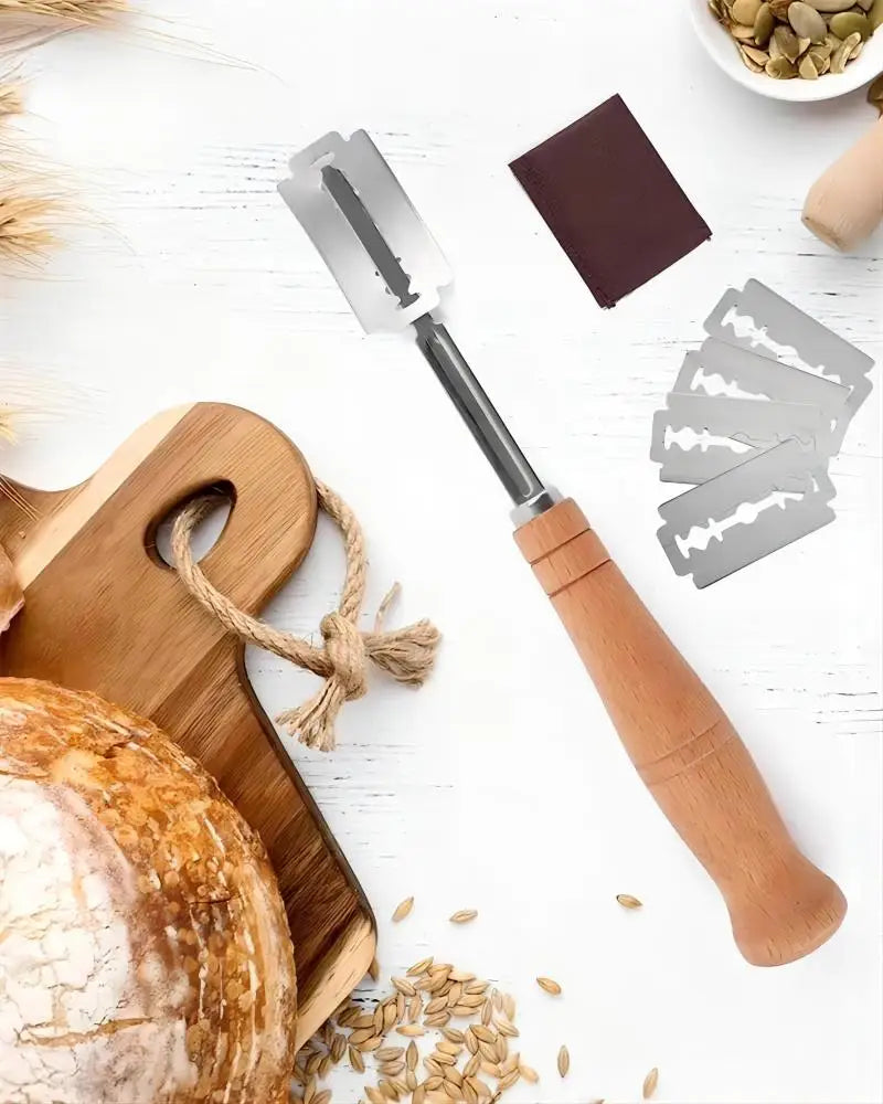 Premium Stainless Steel Bread Lame Set with 5 Replacement Blades Curved Baguette Cutter Wooden Handle Baking Tool