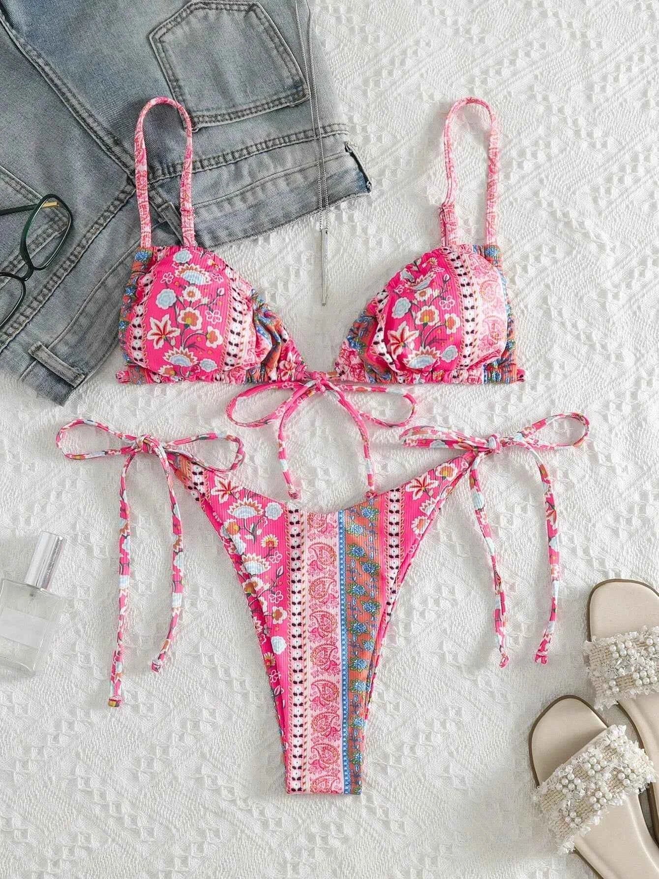 BIQIUYYI New Floral Print String Bandage Bikinis Triangle Cup Push Up Swimsuit Women Bathing Suit Beachwear Halter Swimwear XS