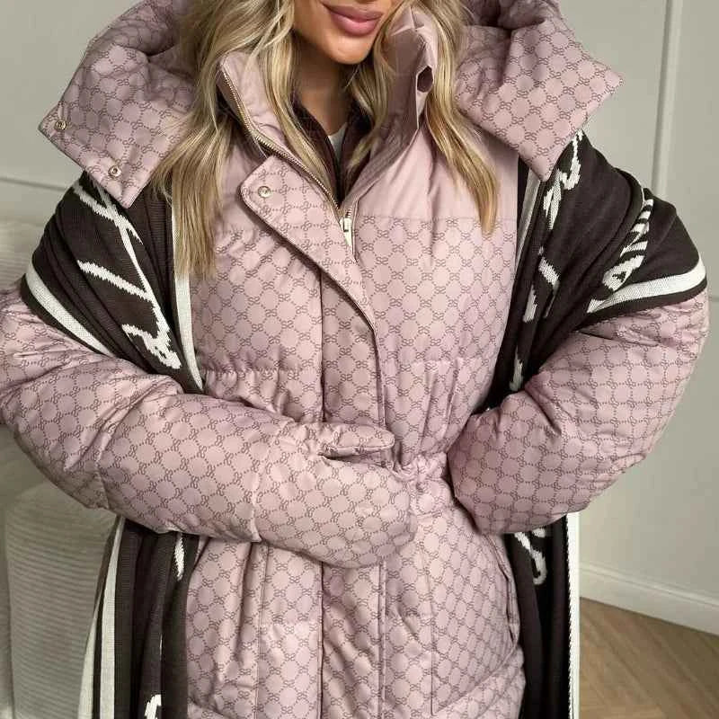 Printed Female Winter Cotton Quilted Jacket Hooded Thicken Zipper Single Breasted Long Sleeve 2025 New Casual Coat Loose Outwear