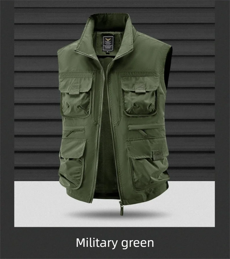 2025 Men's Outdoor Tooling Multi-Pocket Casual Outdoor Fishing Large Size Vest with Vertical Collar Breathable Quick-drying Vest
