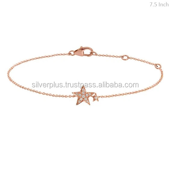 Solid 14K Yellow Gold SI Clarity G-H Color Diamond Star Charm Chain Bracelet Genuine Gold Jewelry Wholesale