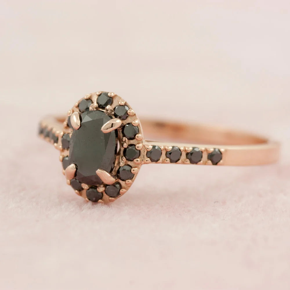 1.20 Carat Oval Shape Black Diamond Halo Engagement Ring 14k Rose Gold  Black Oval Diamond Halo Wedding Ring