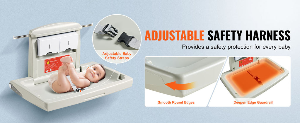 SucceBuy Wall-Mounted Baby Changing Station Horizontal Foldable Diaper Change Table Safety Straps and Hanging Rods for Newborns