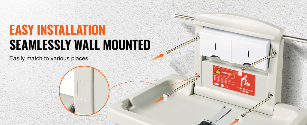 SucceBuy Wall-Mounted Baby Changing Station Horizontal Foldable Diaper Change Table Safety Straps and Hanging Rods for Newborns