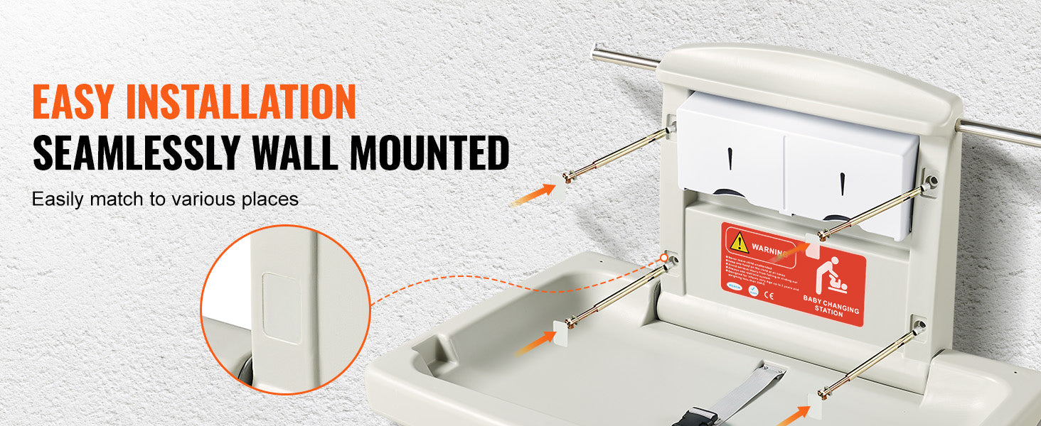 SucceBuy Wall-Mounted Baby Changing Station Horizontal Foldable Diaper Change Table Safety Straps and Hanging Rods for Newborns