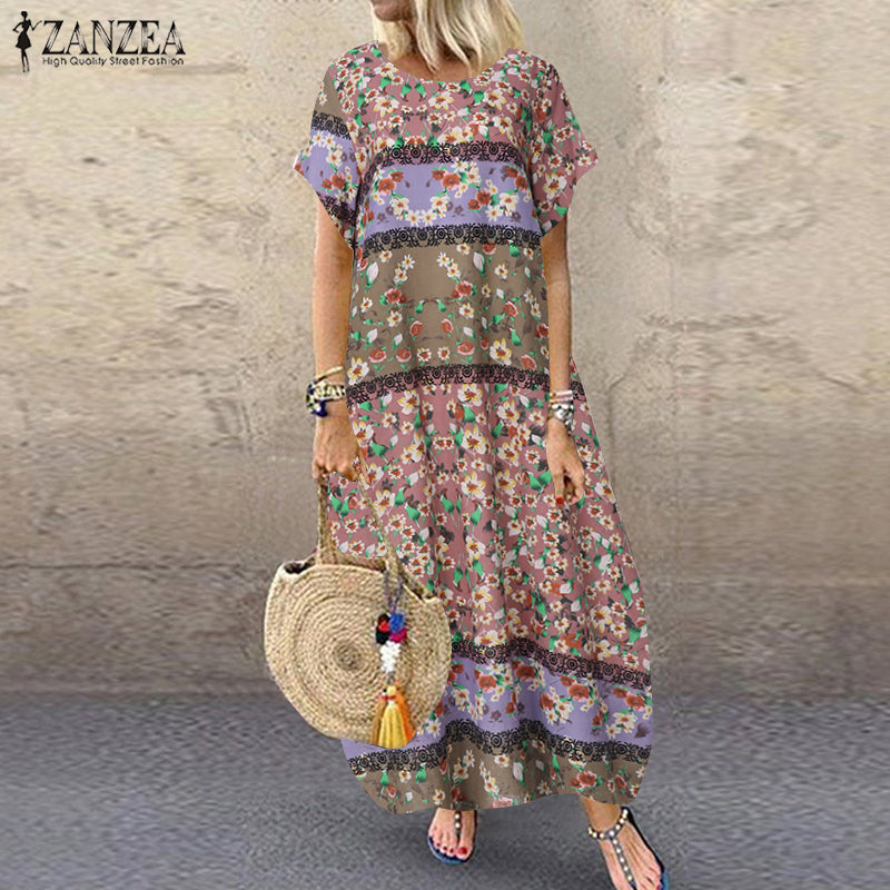 ZANZEA Summer Maxi Dress Women's Vintage Printed Sundress Casual Loose Short Sleeve Vestidos Vacation High Waist Robe Femme 2024