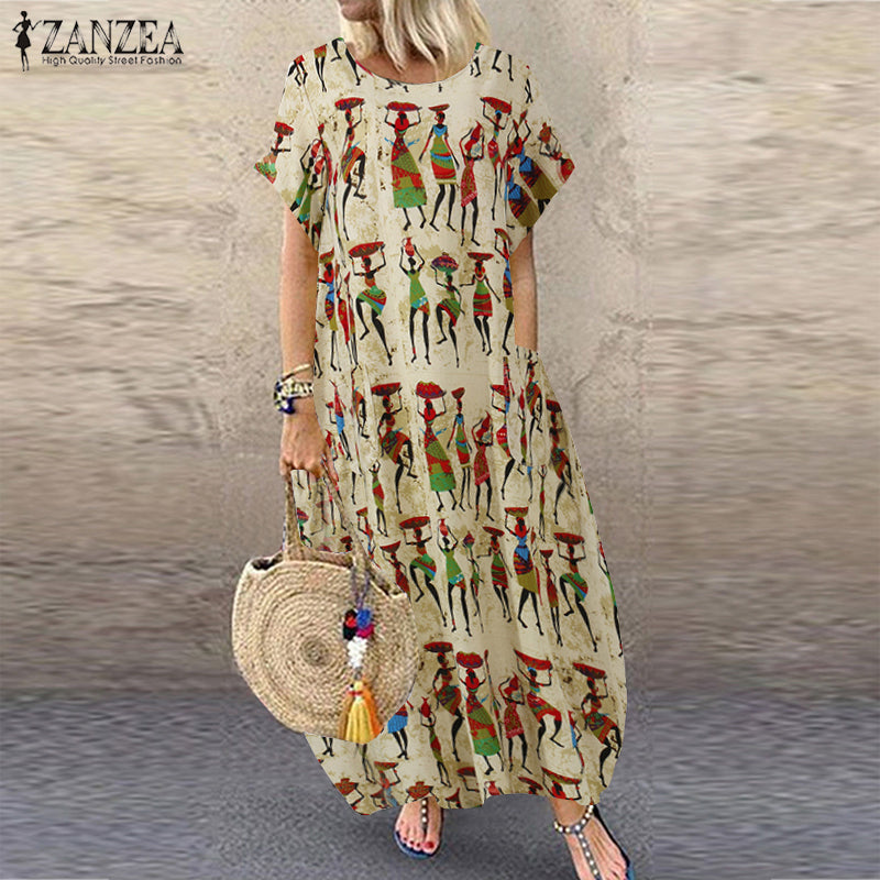ZANZEA Summer Maxi Dress Women's Vintage Printed Sundress Casual Loose Short Sleeve Vestidos Vacation High Waist Robe Femme 2024