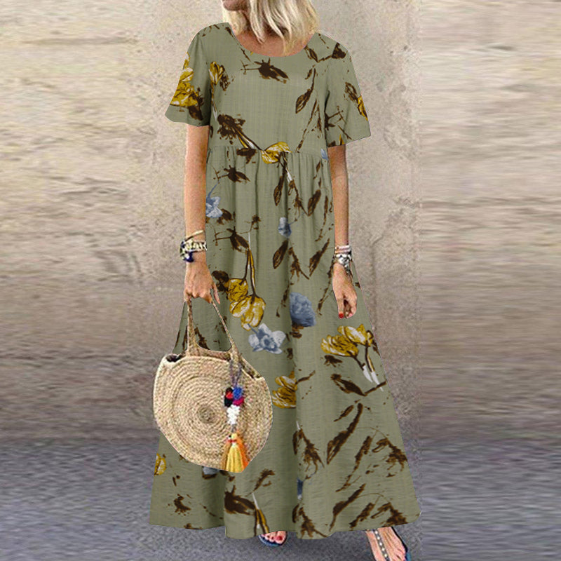 ZANZEA Summer Maxi Dress Women's Vintage Printed Sundress Casual Loose Short Sleeve Vestidos Vacation High Waist Robe Femme 2024