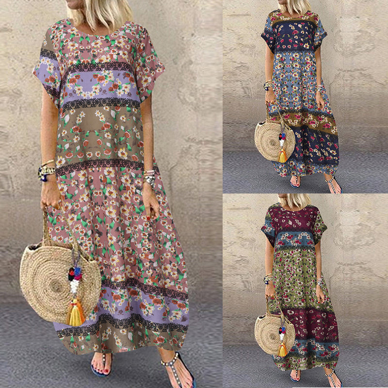 ZANZEA Summer Maxi Dress Women's Vintage Printed Sundress Casual Loose Short Sleeve Vestidos Vacation High Waist Robe Femme 2024