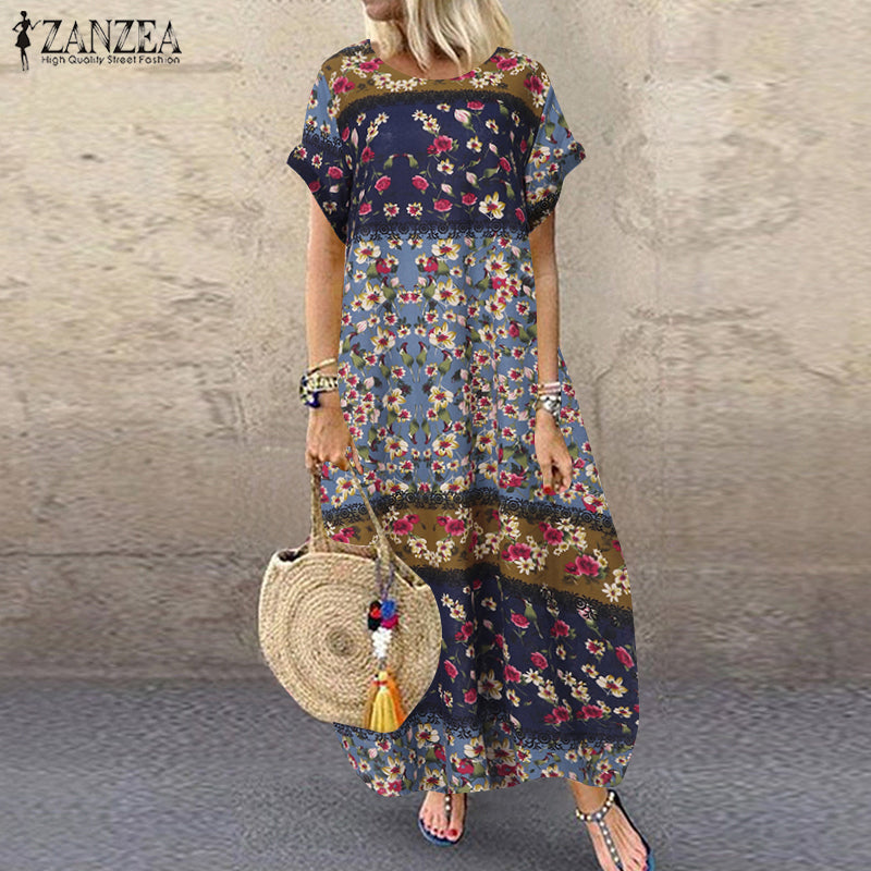 ZANZEA Summer Maxi Dress Women's Vintage Printed Sundress Casual Loose Short Sleeve Vestidos Vacation High Waist Robe Femme 2024