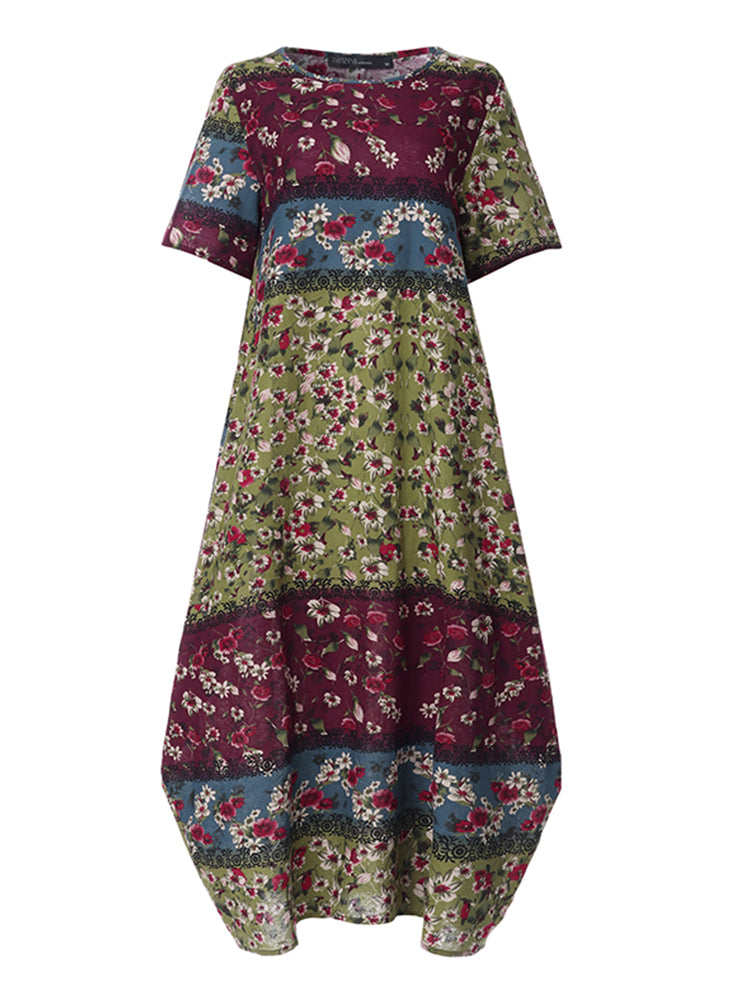 ZANZEA Summer Maxi Dress Women's Vintage Printed Sundress Casual Loose Short Sleeve Vestidos Vacation High Waist Robe Femme 2024