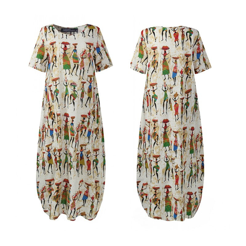 ZANZEA Summer Maxi Dress Women's Vintage Printed Sundress Casual Loose Short Sleeve Vestidos Vacation High Waist Robe Femme 2024