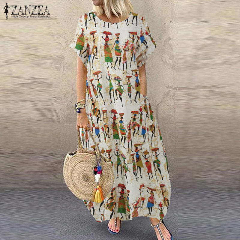ZANZEA Summer Maxi Dress Women's Vintage Printed Sundress Casual Loose Short Sleeve Vestidos Vacation High Waist Robe Femme 2024