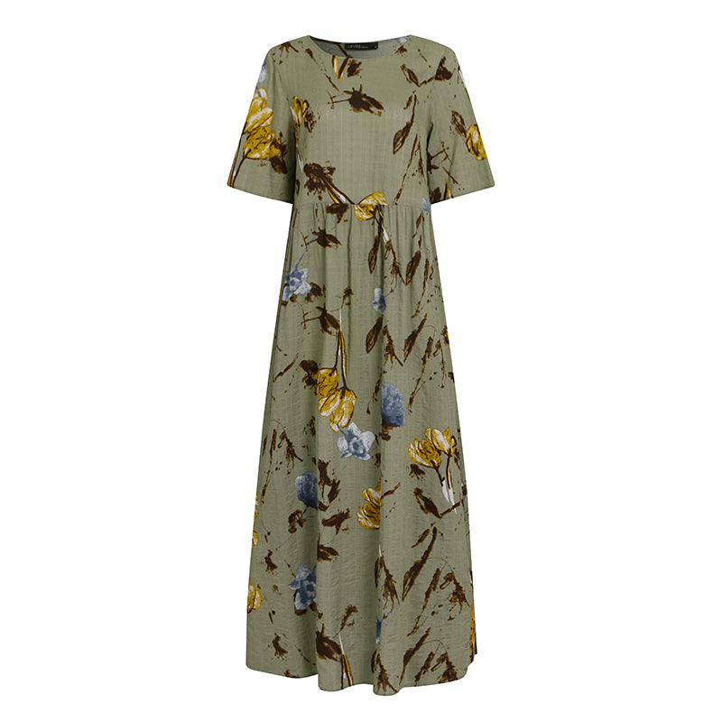 ZANZEA Summer Maxi Dress Women's Vintage Printed Sundress Casual Loose Short Sleeve Vestidos Vacation High Waist Robe Femme 2024