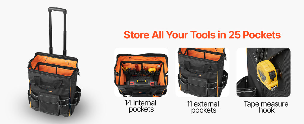 SucceBuy 110Lbs Rolling Tool Bag 25 Pockets Roller Tool Bag on Wheels with Telescoping Handle Toolbag Organizers for Mechanic